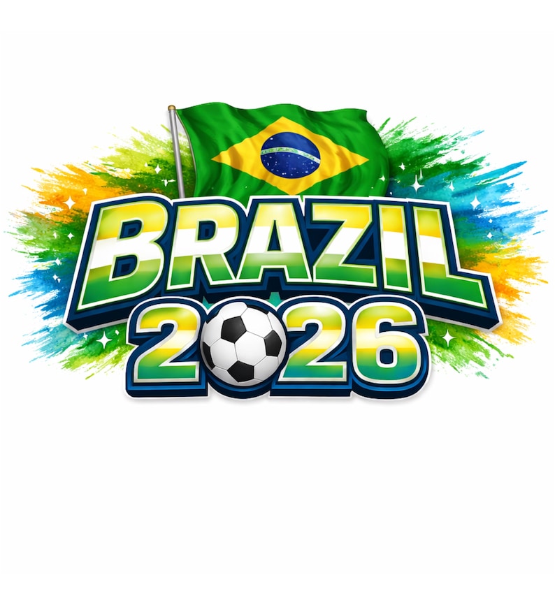 May include: A colourful graphic with the Brazilian flag and the text "BRAZIL 2026". A football is placed below the text. The design uses green, yellow, blue, and white, with a splash effect. A design for a football event.