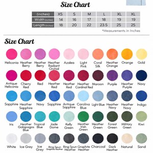 May include: Image of a Gildan 64000B youth t-shirt. The image includes a size chart with measurements in inches, and a colour chart with various hues. The t-shirt is made of 100% ring-spun cotton.