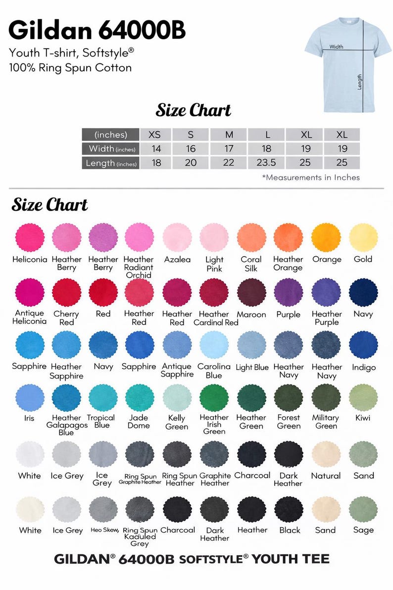 May include: Image of a Gildan 64000B youth t-shirt. The image includes a size chart with measurements in inches, and a colour chart with various hues. The t-shirt is made of 100% ring-spun cotton.
