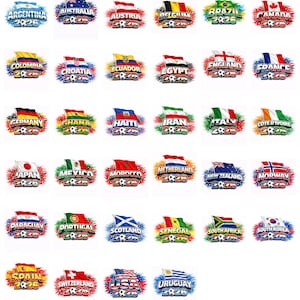 May include: A series of logos displaying national flags and the year "2026" with a football. Flags include Argentina, Australia, Austria, Belgium, Brazil, Canada, Colombia, Croatia, Ecuador, Egypt, England, France, Germany, Ghana, Haiti, Iran, Italy, Cote D'Ivoire, Japan, Mexico, Morocco, Netherlands, New Zealand, Norway, Paraguay, Portugal, Scotland, Senegal, South Africa, South Korea, Spain, Switzerland, USA, and Uruguay.