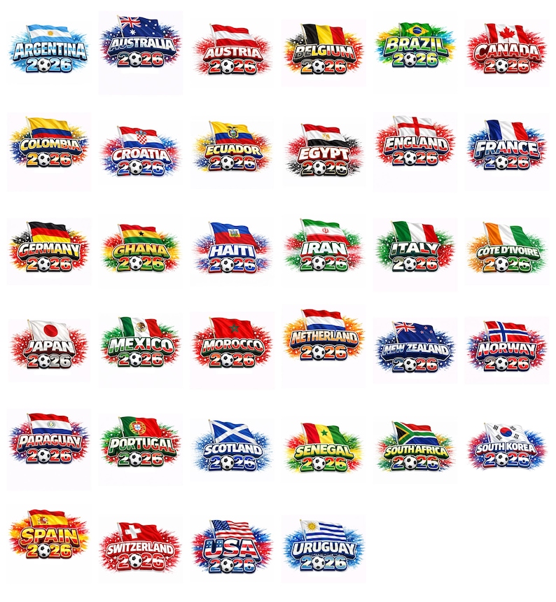 May include: A series of logos displaying national flags and the year "2026" with a football. Flags include Argentina, Australia, Austria, Belgium, Brazil, Canada, Colombia, Croatia, Ecuador, Egypt, England, France, Germany, Ghana, Haiti, Iran, Italy, Cote D'Ivoire, Japan, Mexico, Morocco, Netherlands, New Zealand, Norway, Paraguay, Portugal, Scotland, Senegal, South Africa, South Korea, Spain, Switzerland, USA, and Uruguay.