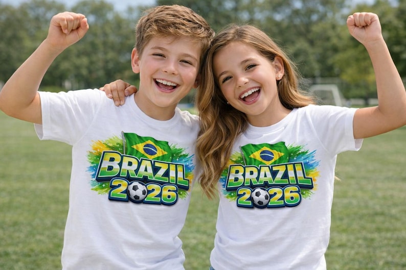 May include: Two children wearing white t-shirts with a colourful Brazil 2026 graphic. The design includes the Brazilian flag, the word "BRAZIL", the year "2026", and a football. The children are smiling and raising their arms.