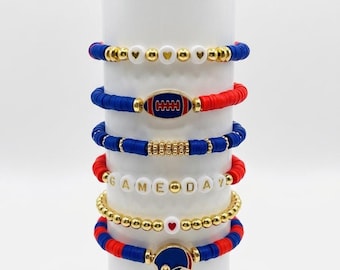 Pulseras apilables para el día del partido / Accesorios para aficionados de la NFL / Joyería de fútbol americano en rojo, azul y dorado