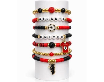 Pulsera de fútbol Atlanta United apilable / Pulseras de cuentas rojas, negras y doradas / Joyería para fanáticos del día del juego