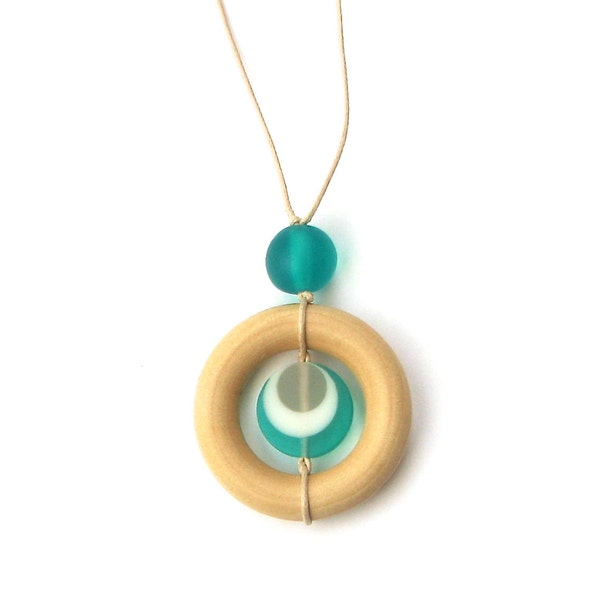 Wooden Teething Necklace/ Nursing Necklace/  - Natural Wood and Resin Breastfeeding Necklace - Aqua, White and Grey