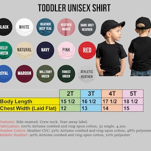 The image is a collage of various colored t-shirts and a toddler wearing a black unisex shirt, along with a size chart for the t-shirts.