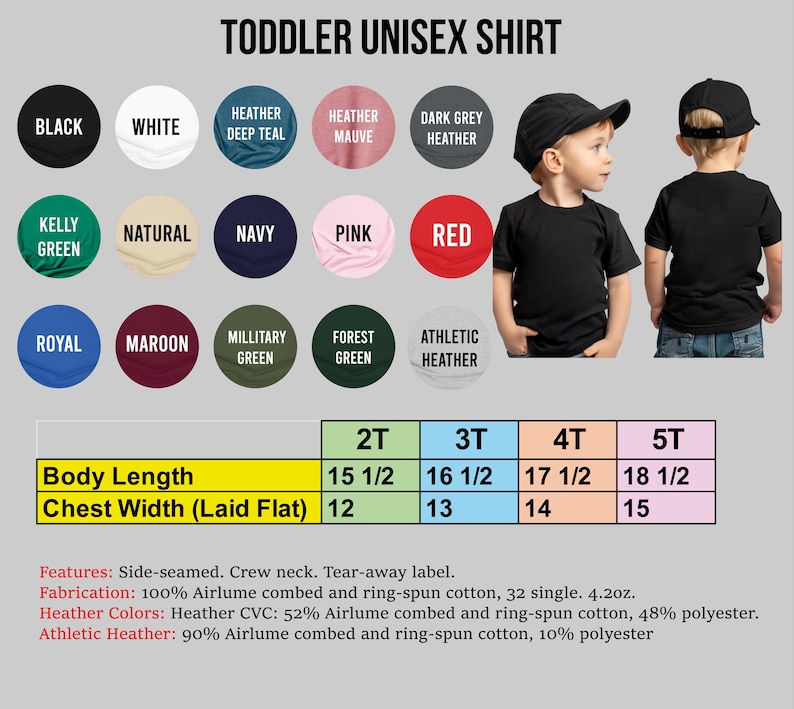 The image is a collage of various colored t-shirts and a toddler wearing a black unisex shirt, along with a size chart for the t-shirts.