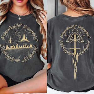 The image is a collage of two photos featuring a woman wearing a black t-shirt with a graphic design on the front and back.