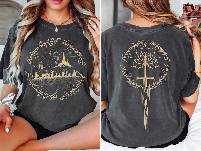 The image is a collage of two photos featuring a woman wearing a black t-shirt with a graphic design on the front and back.