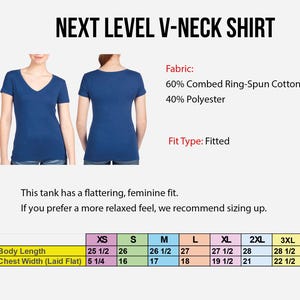 a woman wearing a blue v-neck shirt, with a size chart below the image.