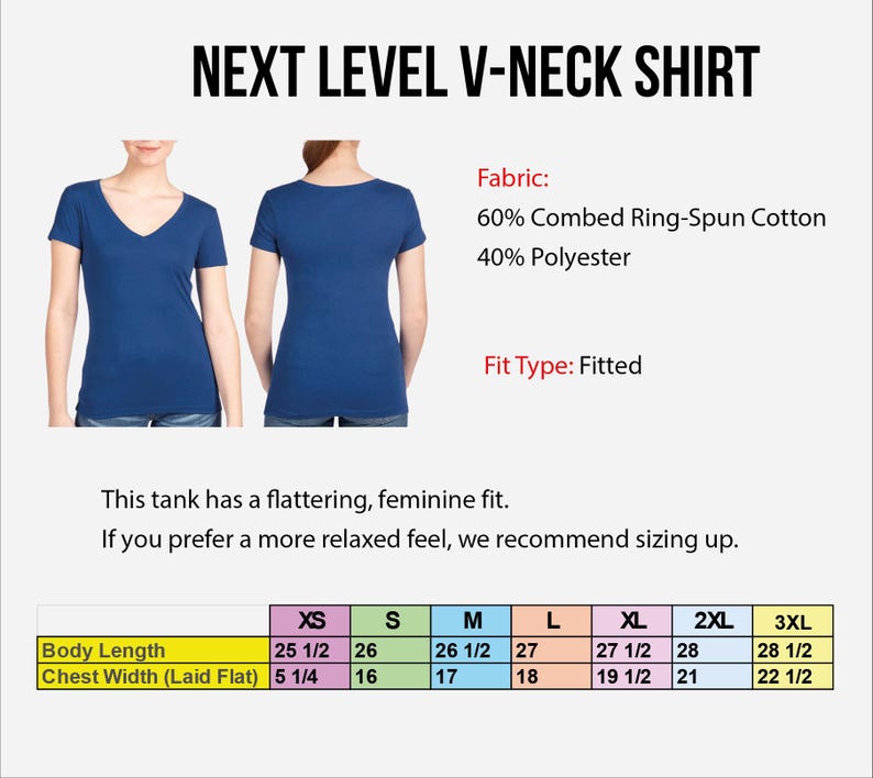 a woman wearing a blue v-neck shirt, with a size chart below the image.
