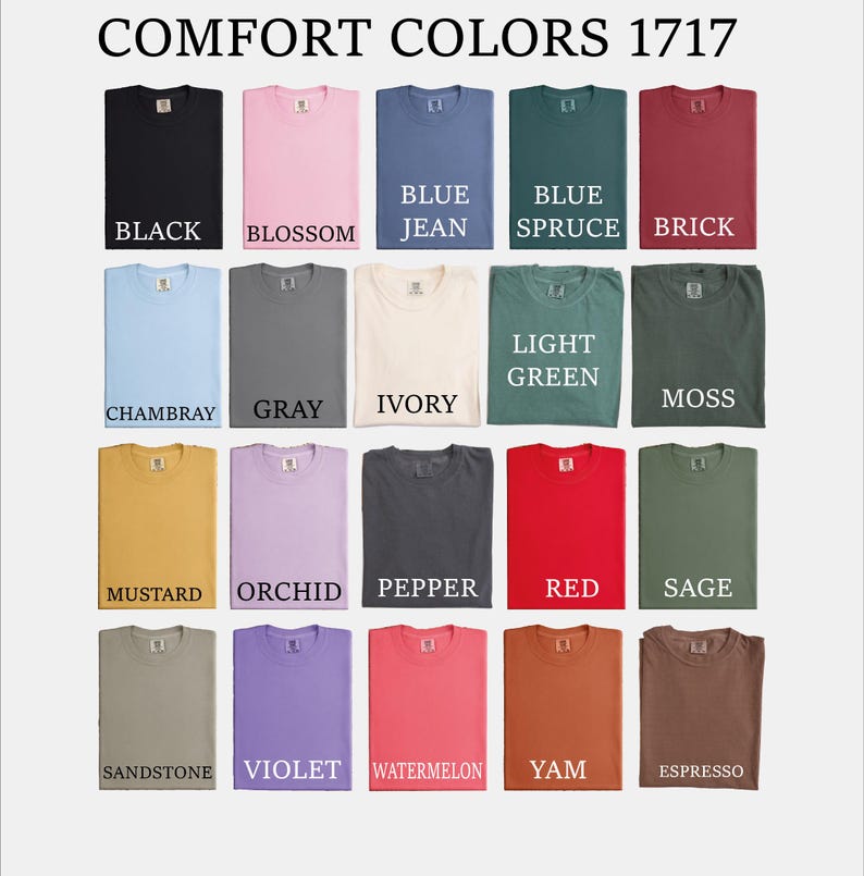 a collection of 17 different colored t-shirts, each with a unique color and design, arranged in a grid pattern.
