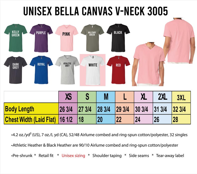 a collection of t-shirt designs in various colors and sizes, including a unisex v-neck t-shirt.