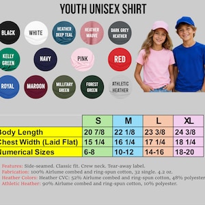 The image is a collage of various youth unisex t-shirt designs, including different colors, patterns, and sizes.