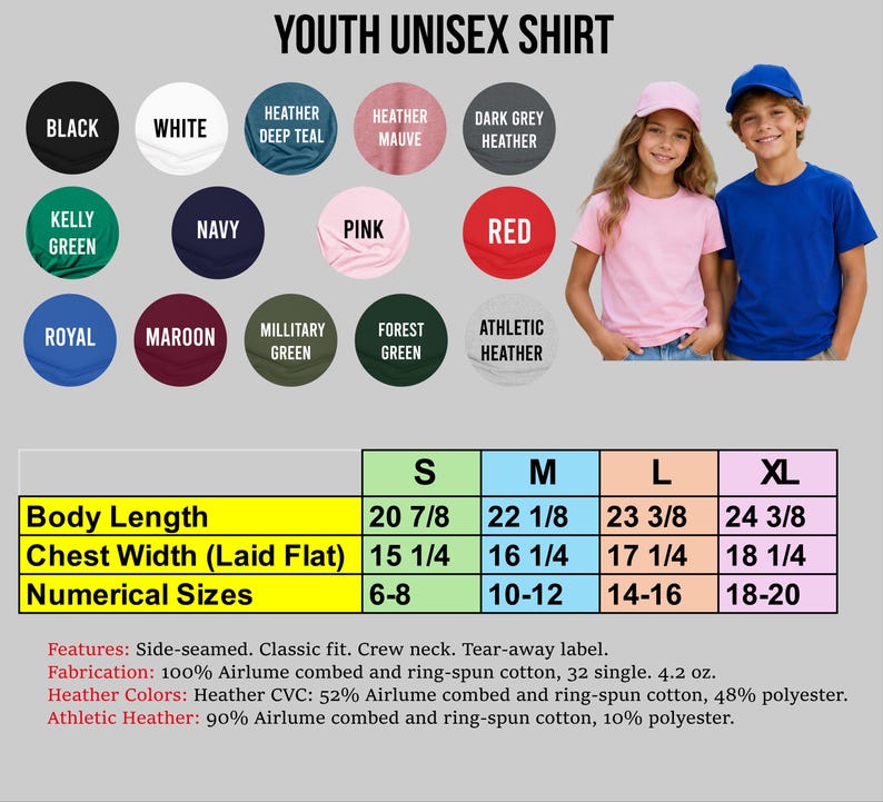 The image is a collage of various youth unisex t-shirt designs, including different colors, patterns, and sizes.