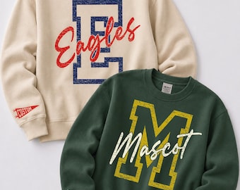 Custom School Mascot Sweatshirt, Personalized Team Hoodie, Custom Initial Shirt with Number & Sleeve Print, Game Day Shirt, CSP388