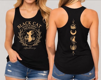 Black Cat Apothecary Racerback, Halloween Witch Vneck Shirt, CSP298
