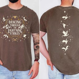 The image is a collage of two photos of a man wearing a brown t-shirt with a design featuring a lightning bolt and stars.