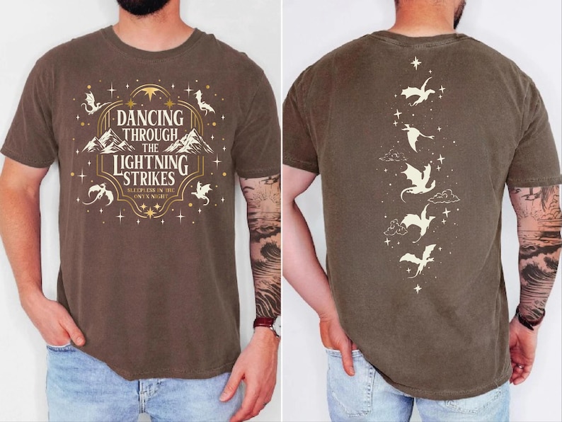 The image is a collage of two photos of a man wearing a brown t-shirt with a design featuring a lightning bolt and stars.
