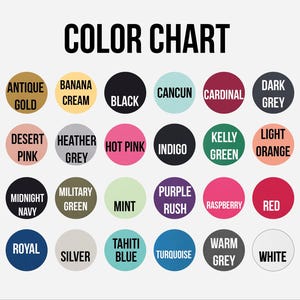 a color chart with various color names and shades, including antique gold, banana cream, black, cancun, desert pink, heather grey, hot pink, indigo green, kerry green, light orange, midnight navy, military green, mint, purple rush, raspberry, red, royal blue, turquoise, and warm grey.