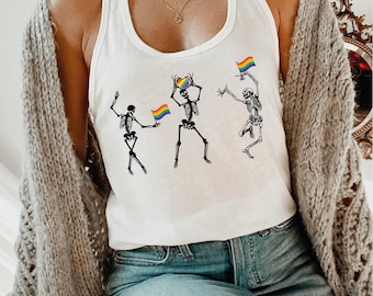 Skeleton Dancing Pride Racerback, Rainbow LGBTQ Vneck Shirt, CSP264