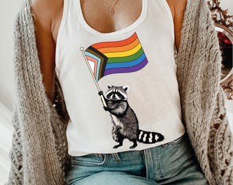 Raccoon Pride Flag Racerback, Rainbow LGBTQ Vneck Shirt, CSP271