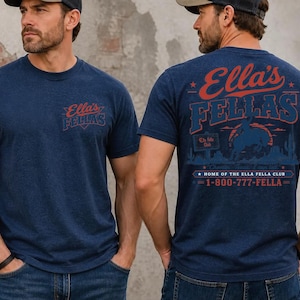 two men wearing navy blue t-shirts with the same design.