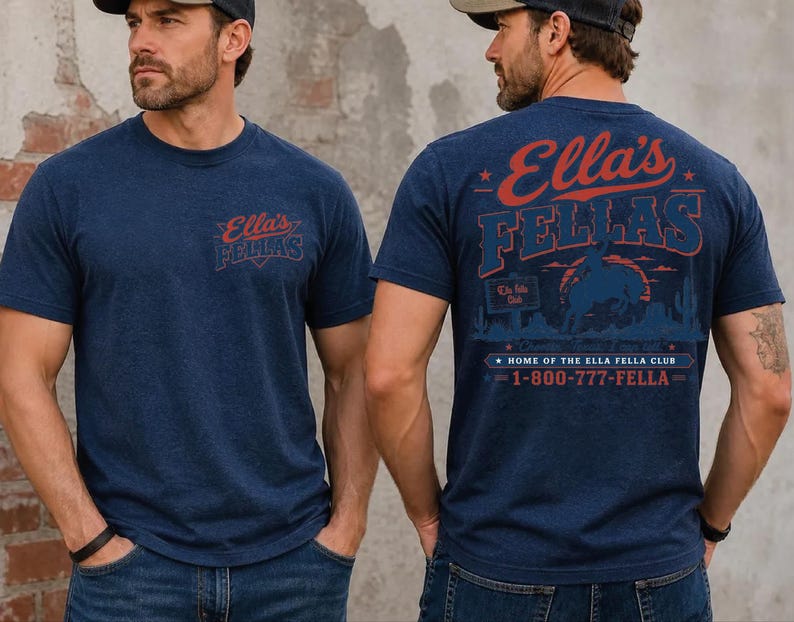 two men wearing navy blue t-shirts with the same design.