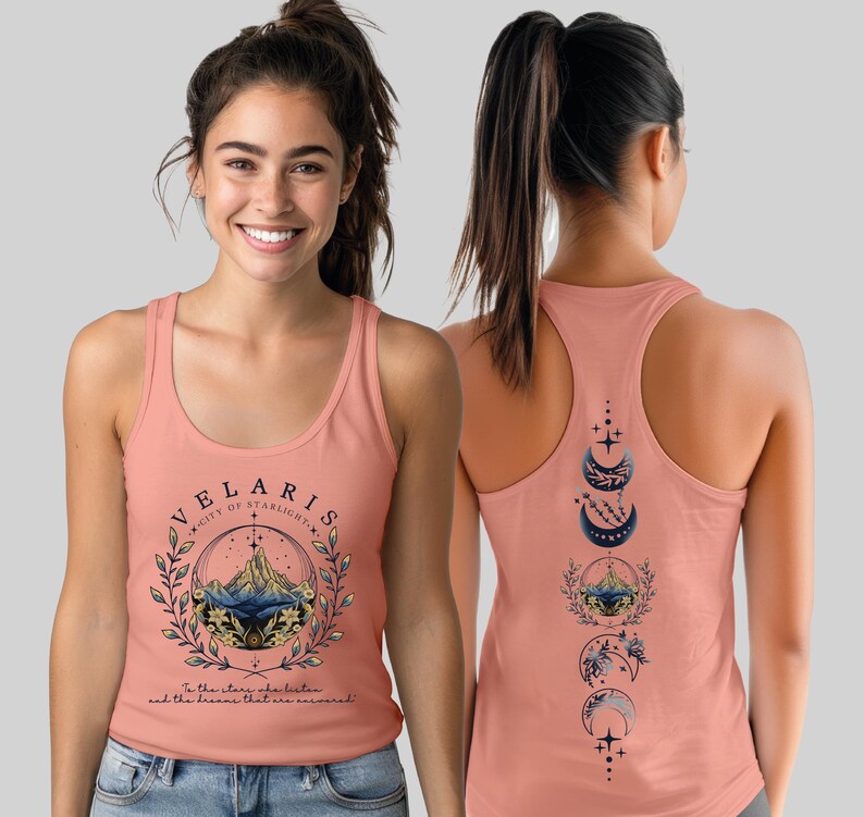 A woman wearing a pink tank top with a graphic design on the front and back.
