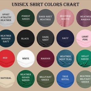 The image is a color chart that displays various unisex shirt colors, including sport athletic heather, forest green, dark grey, heather maroon, navy, light pink, black, white, maroon, kelly green, and military green.