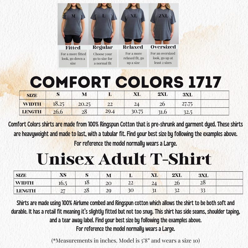 The image is a collage of three images showing different sizes of men's t-shirts in various styles, including regular, relaxed, and oversized.