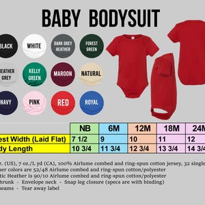 The image is a collage of various baby bodysuits in different colors and sizes, along with a chest width and body length chart.