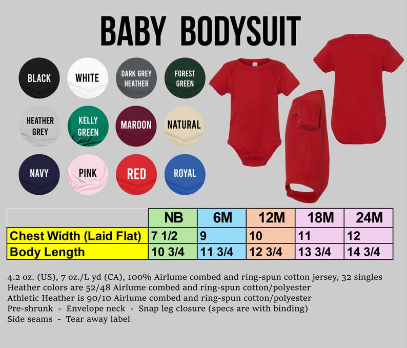 The image is a collage of various baby bodysuits in different colors and sizes, along with a chest width and body length chart.