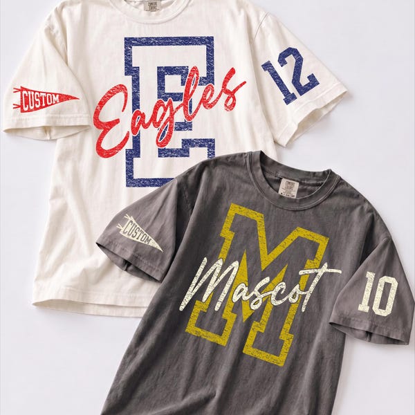 T-shirt personnalisé avec mascotte scolaire, T-shirt d'équipe personnalisé, T-shirt avec initiales, numéro et impression sur la manche, T-shirt pour les jours de match, CSP388