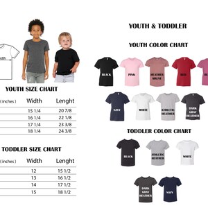 The image is a collage of various size charts and color charts for youth and toddler clothing, including the size chart for different age groups and the color chart for different clothing colors.