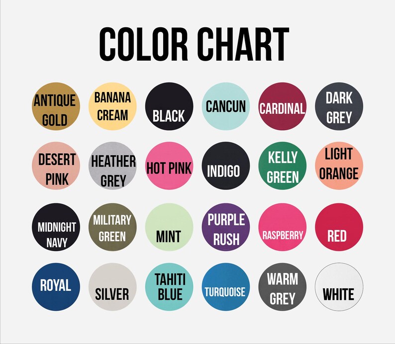 a color chart with various color names and shades, including antique gold, banana cream, black, cancun, desert pink, heather grey, hot pink, indigo green, kerry green, light orange, midnight navy, military green, mint, purple rush, raspberry, red, royal blue, turquoise, and warm grey.