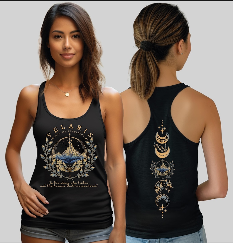 A woman wearing a black tank top with a graphic design on the front and back.