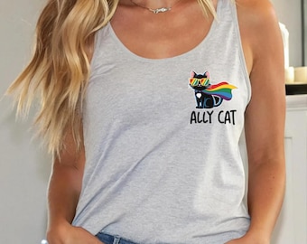 Ally Cat Pride Flag Racerback, Rainbow LGBTQ Vneck Shirt, CSP296