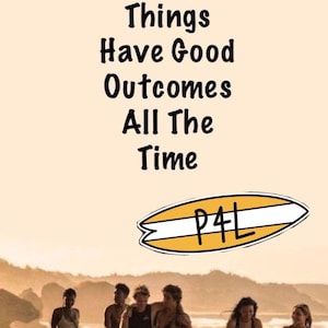 May include: Image features the text "OBX" and "Stupid Things Have Good Outcomes All The Time" with a surfboard graphic. A group of people are walking on a beach. The overall color scheme is warm, with a sunset or sunrise in the background.