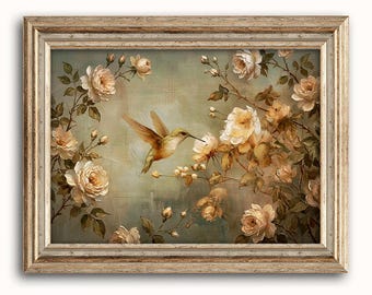 Vintage Hummingbird Fine Art Print, Rustic Floral Cottagecore Decor