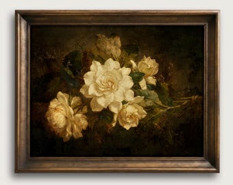 Moody Gardenia Fine Art Print, Vintage White Floral Oil Painting, Dark Academia Bedroom Wall Decor