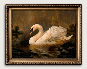 Vintage Swan Fine Art Print, Dark Academia Wall Art Painting, Moody Home Decor,
