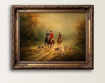 Vintage English Foxhounds Hunting Fine Art Print, Moody Equestrian Landscape Wall Art