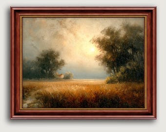 Golden Hour Landscape Print, Country Cottage Meadow Wall Art