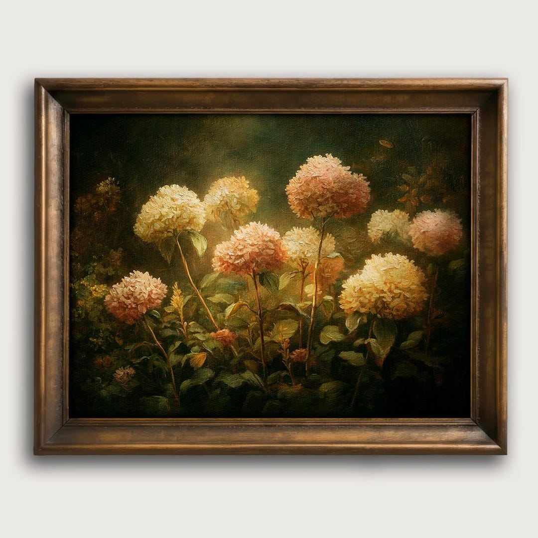 Vintage Hydrangea Floral Art Print, Moody Garden Wall Art, Romantic ...