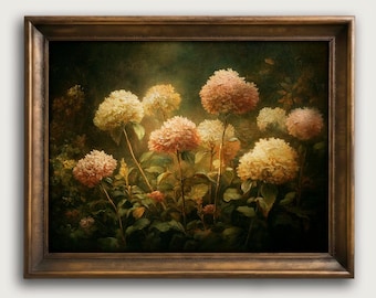 Vintage Hydrangea Floral Art Print, Moody Garden Wall Art, Romantic Home Decor