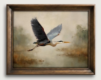 Blue Heron Fine Art Print, Vintage Coastal Bird Decor, Serene Wall Art