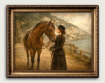 Vintage Horse Oil Painting, Mediterranean Coastal Hallway Art, Romantic Living Room Decor