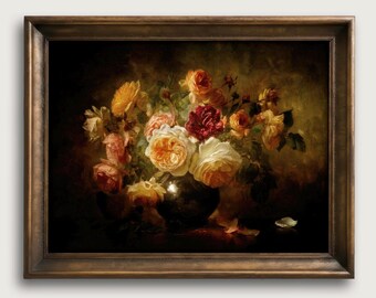 Vintage Floral Still Life Fine Art Print, Moody Dark Academia Floral, Romantic Roses Wall Decor