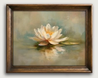 Vintage Water Lily Fine Art Print, Soft Botanical Decor Gift, Japandi Wall Art